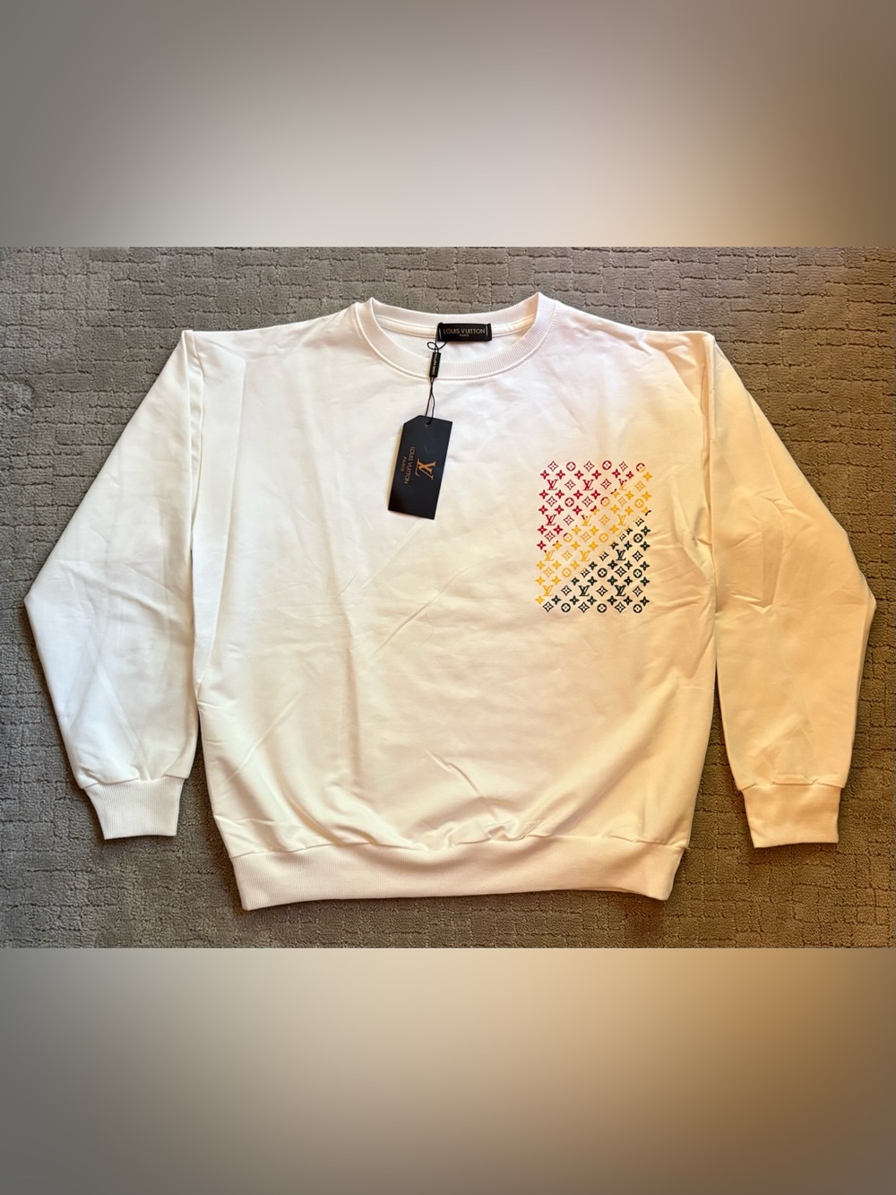 Louis Vuitton Men’s Pullover Sweatshirt White Fleece Logo Crew Neck